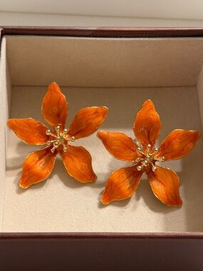 Golden Tangerine Orange Enamel Floral Statement Earrings